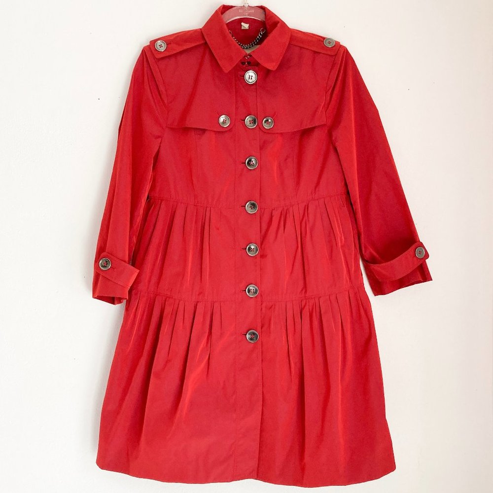 Burberry Women's Mid- Length Red Nylon Rain Jacket, Size 6